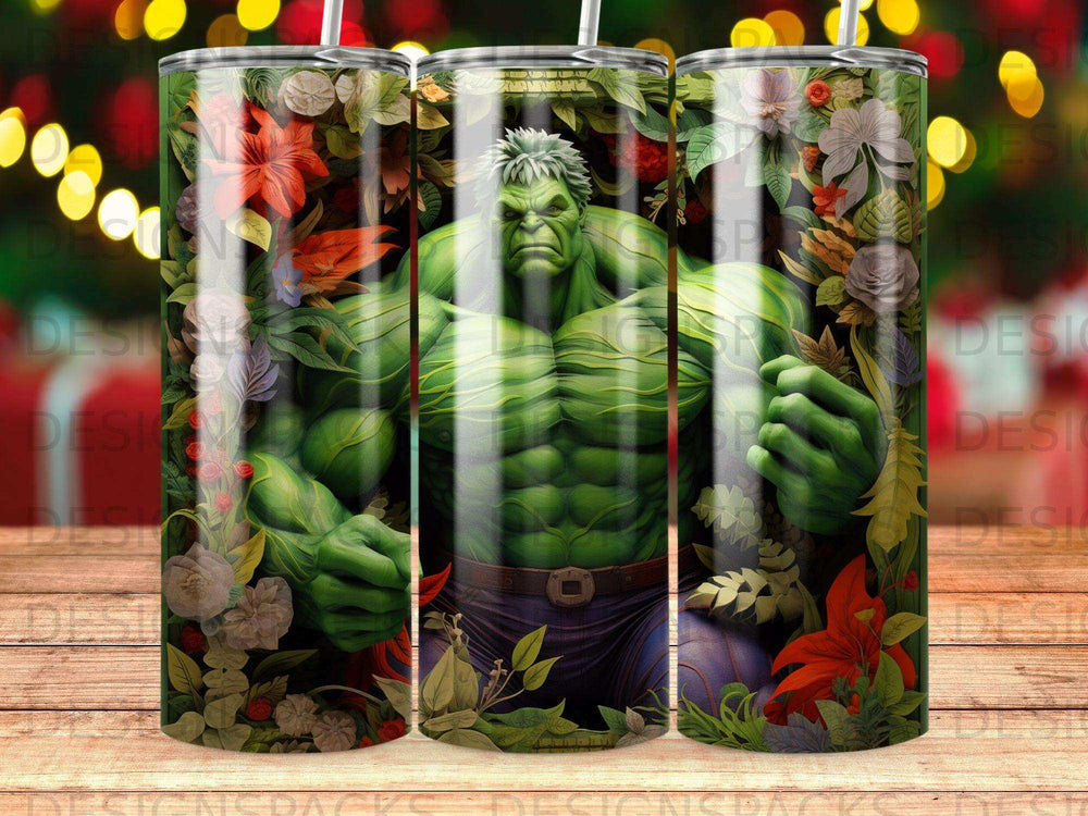 The Hulk bursts through a floral background of red and green foliage.