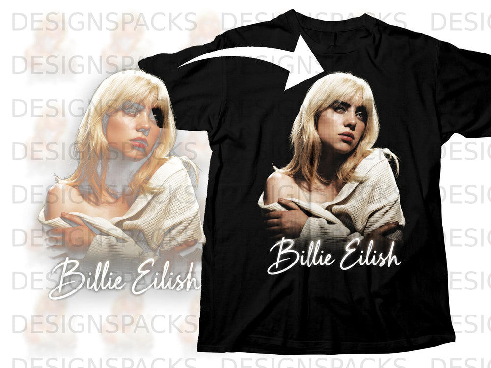 Black t-shirt with a graphic of Billie Eilish and her name.