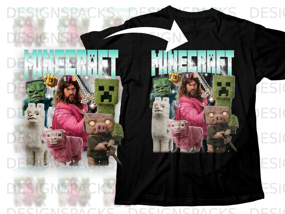 Minecraft characters on a black t-shirt with "MINECRAFT" text.