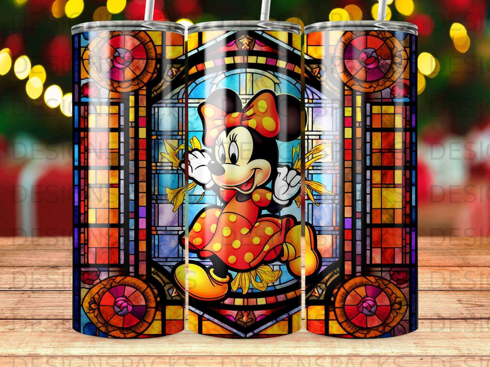Minnie Mouse in a stained glass window, holding wheat stalks.