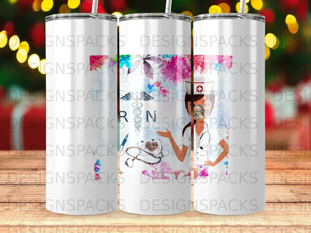 Floral nurse illustration with stethoscope and caduceus symbol on a tumbler.