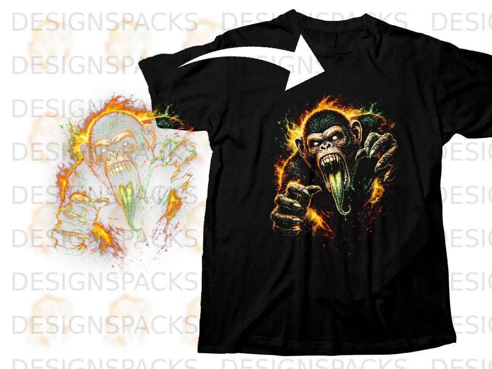 Black t-shirt with a fierce, fiery ape graphic.