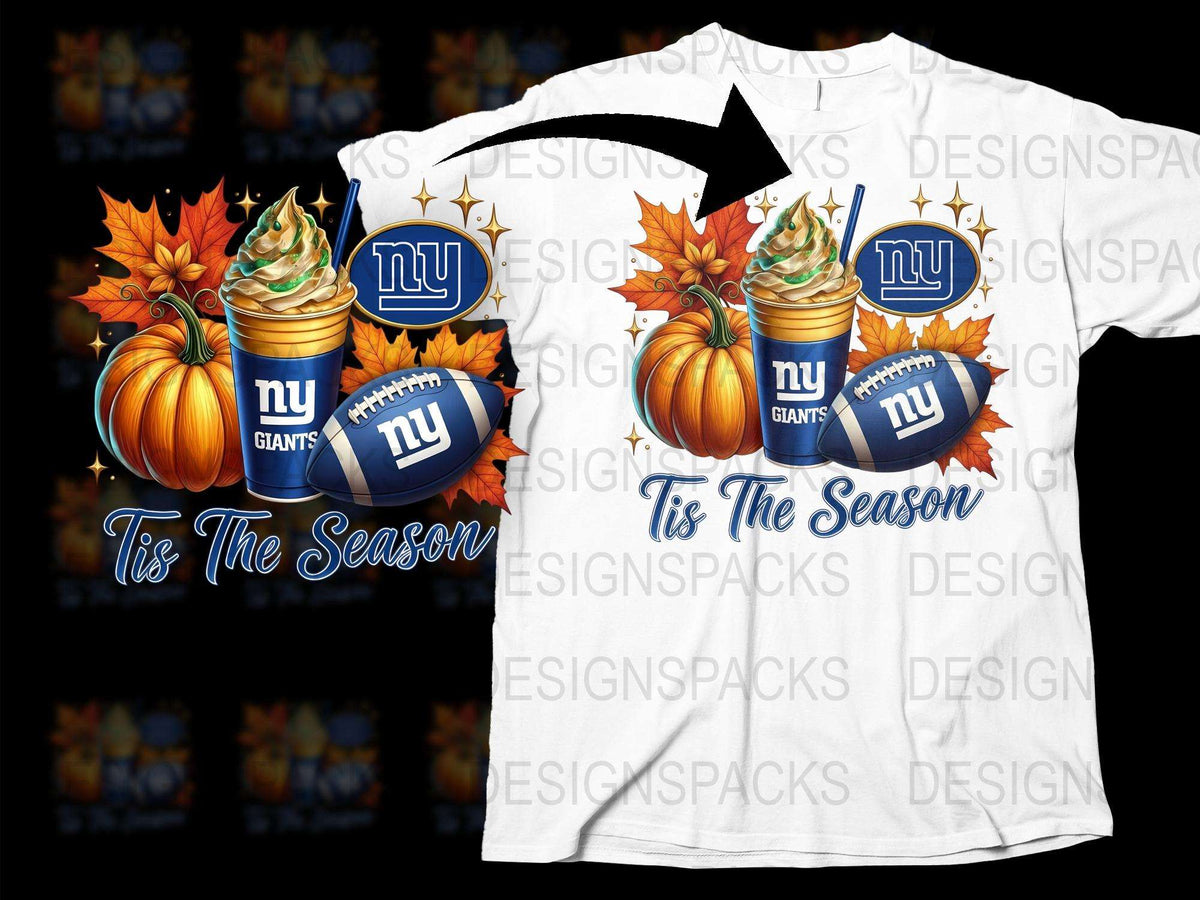 NY Giants T-shirt, Football Theme, Pumpkin Graphic, Autumn Season, Men's White Tee, Sports Fan Apparel