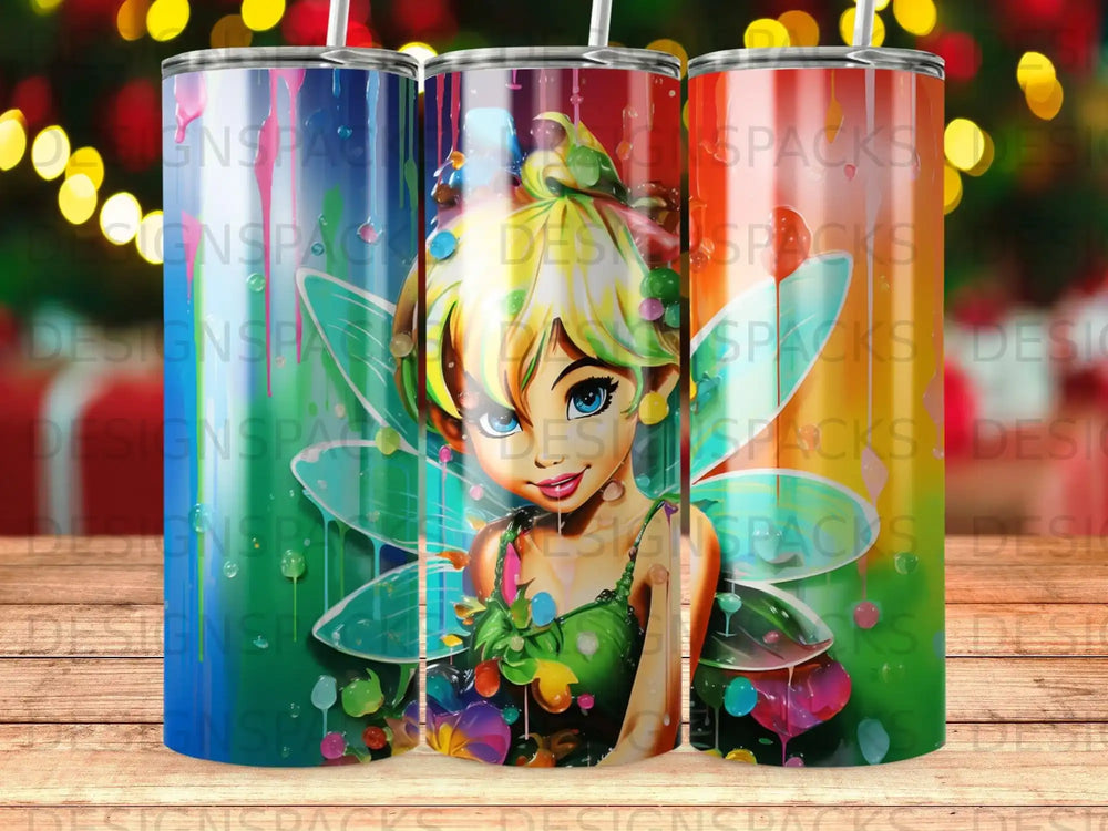 Tinkerbell with colorful wings and flowers on a gradient background.
