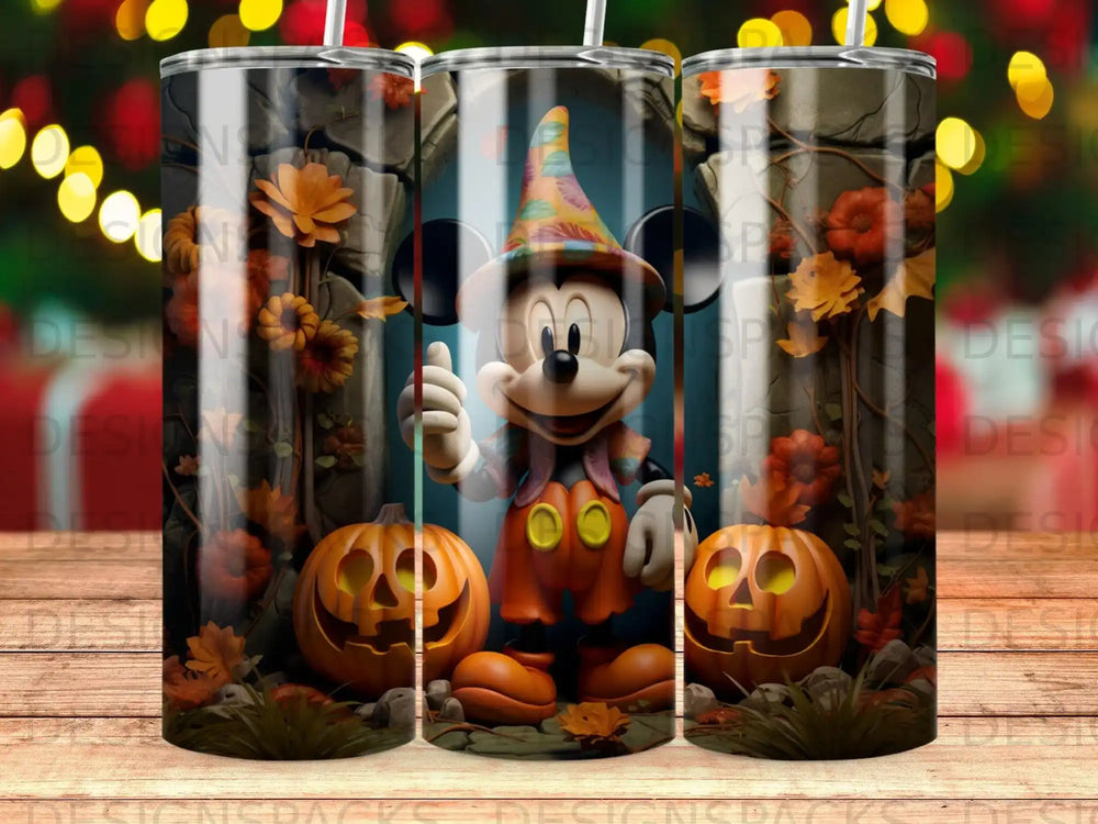 Mickey Mouse in Halloween costume with pumpkins, fall leaves, and spooky decorations.