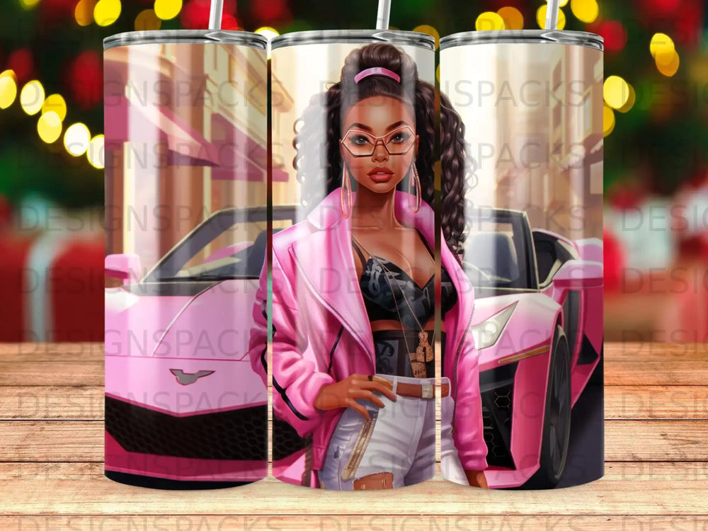 Woman in pink jacket and white shorts with a pink sports car.