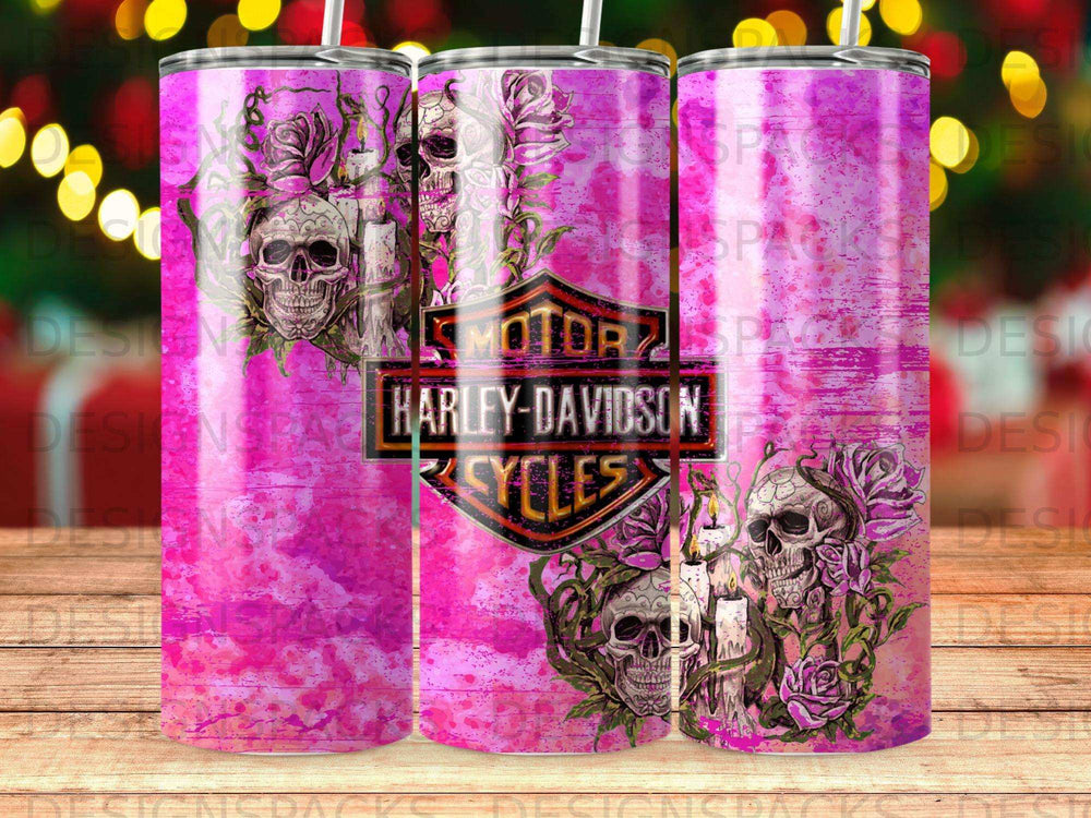 Harley-Davidson skulls, roses, and candles on a pink textured background.