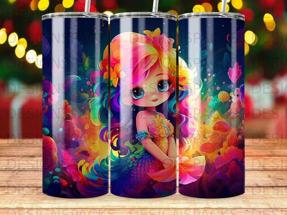 Colorful mermaid with vibrant hair and scales, surrounded by underwater elements.