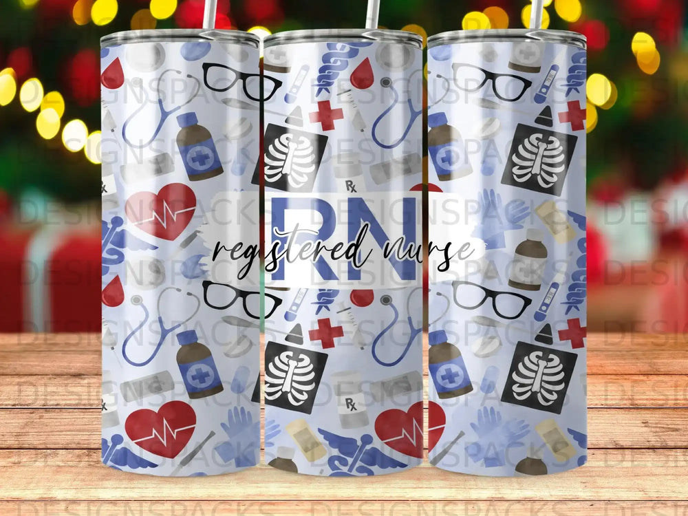 Registered Nurse tumbler with medical icons and stethoscope.