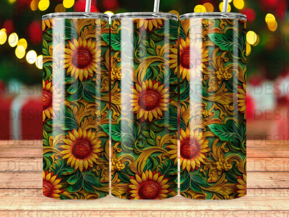 Sunflower floral pattern tumbler with green and gold ornate scrolling.