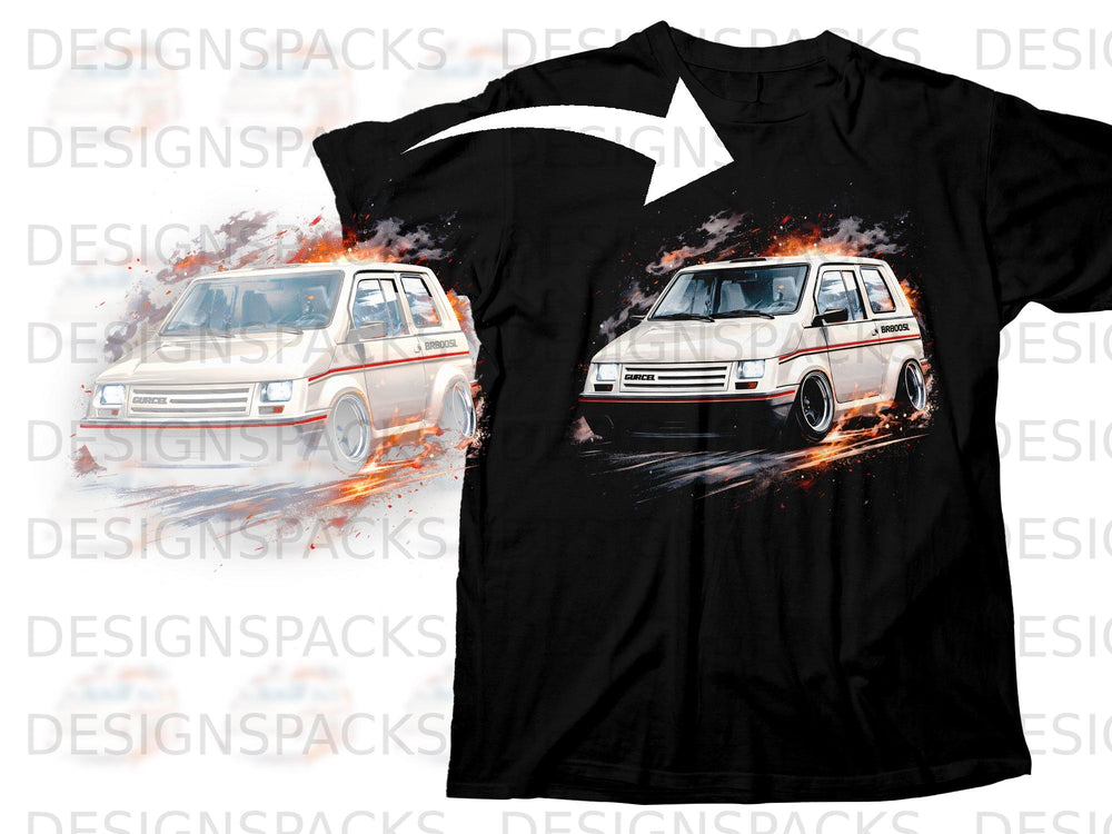 White hot rod car with red stripes speeding with flames.