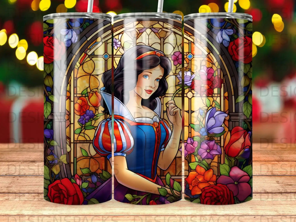 Snow White in stained glass with floral border.