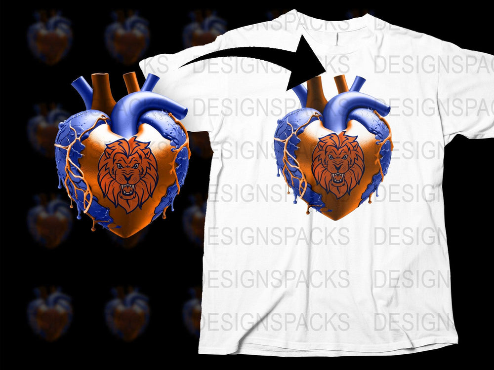 Unique Lion Heart Graphic T-Shirt, Artistic Animal Heart Design, Unisex Modern Tees, Bold Blue Orange Colors