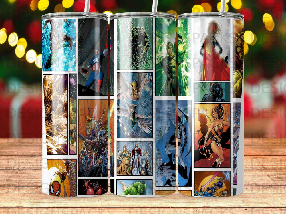 Collage of Marvel and DC comic book panels featuring superheroes like Captain America and Wonder Woman.