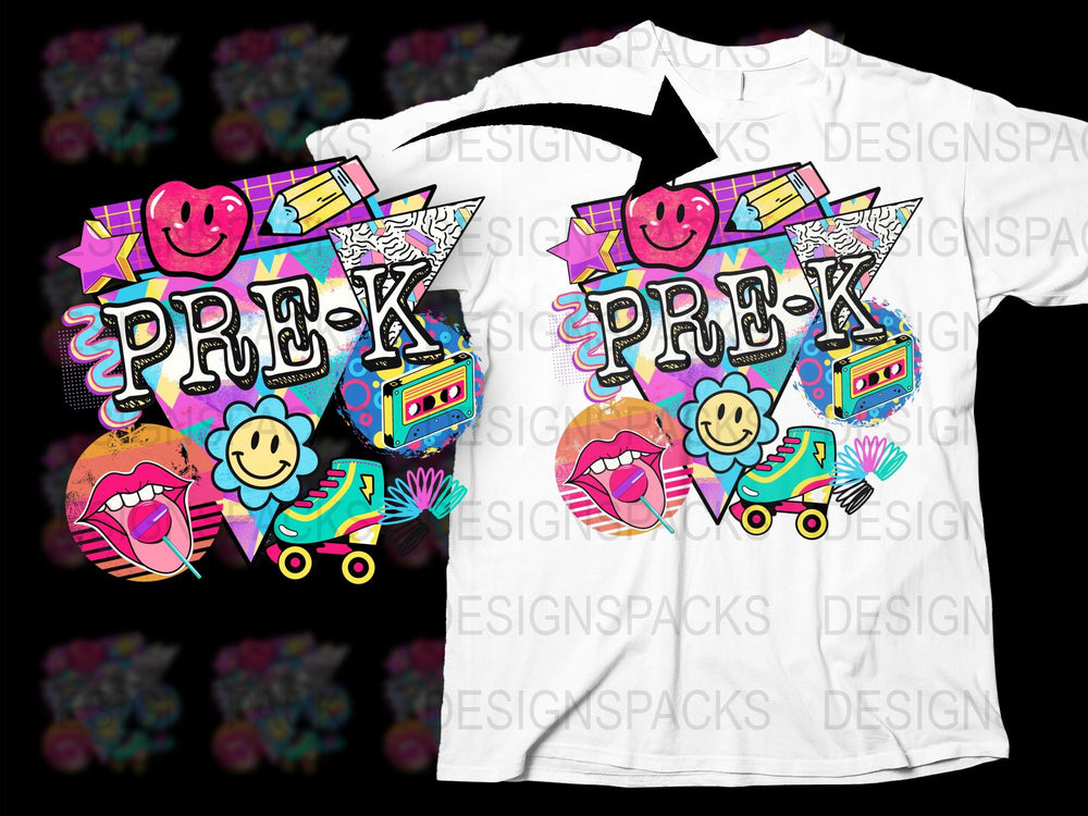 Colorful Pre-K Teacher T-Shirt, Fun Cartoon Graphics, Vibrant Kids School Tee
