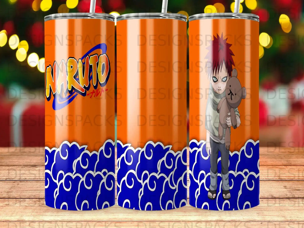 Naruto character on orange tumbler with blue clouds and 'Naruto' logo.