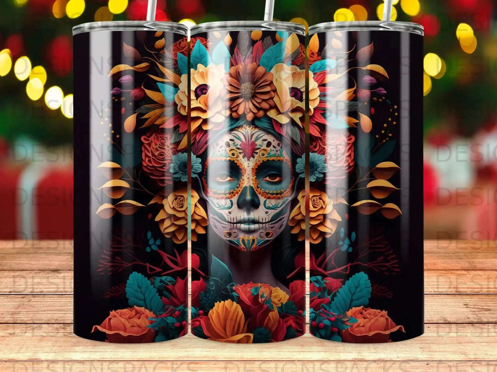 Sugar skull woman with vibrant floral headdress on a black tumbler.