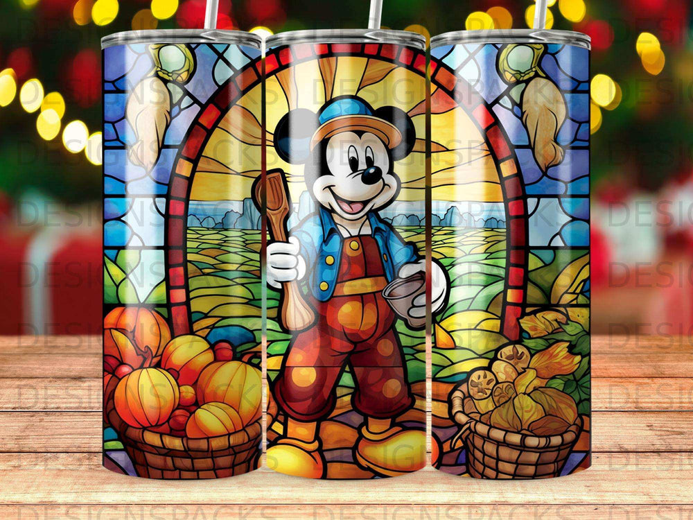 Mickey Mouse in overalls holding a shovel and bucket in front of stained glass and pumpkins.