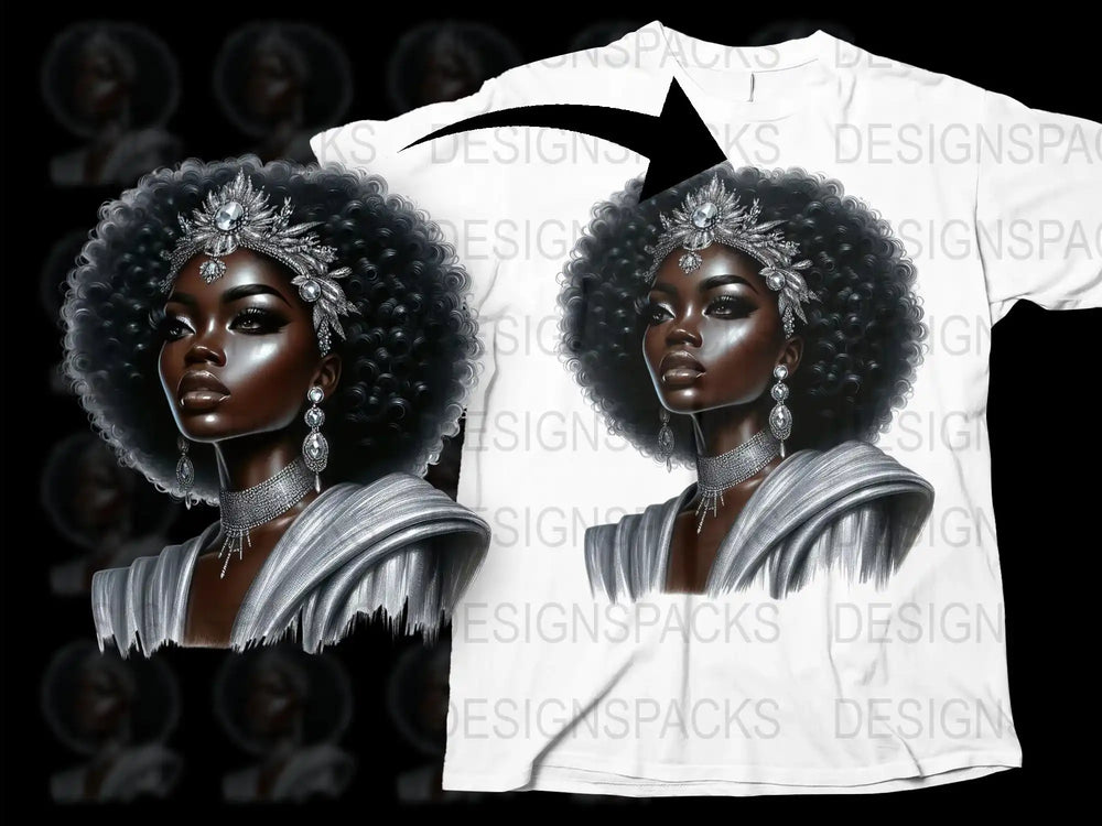 African Queen Graphic T-Shirt, Elegant Black Woman Portrait Tee, Silver Crown Unique Fashion Shirt