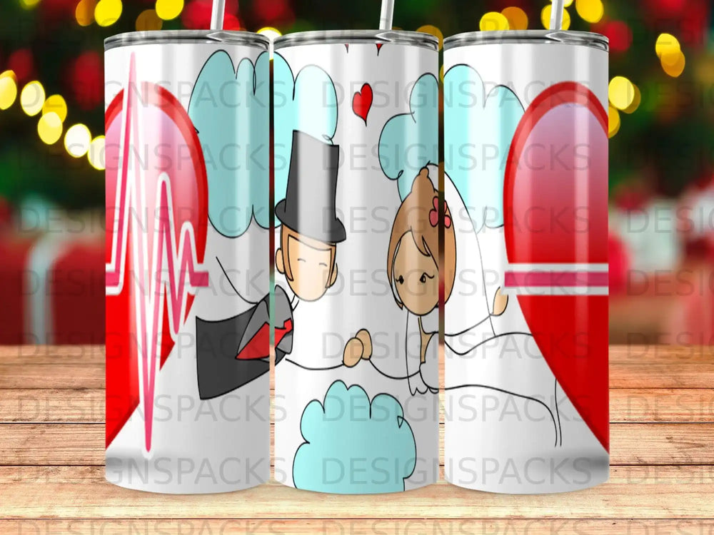 Wedding couple illustration on a tumbler with a red heart design.