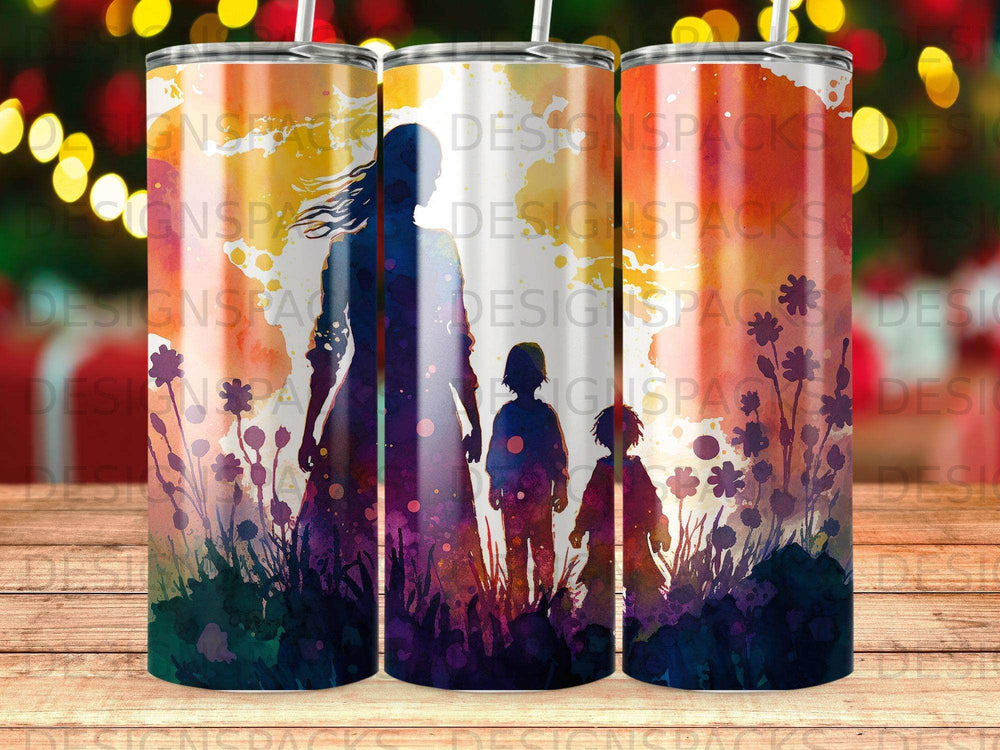 Silhouette of a woman and two children against a colorful, abstract sunset landscape.