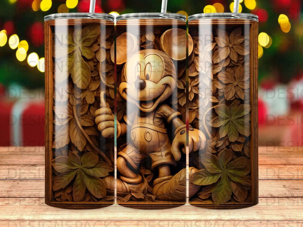 Mickey Mouse carved wood tumbler with floral and leaf patterns.