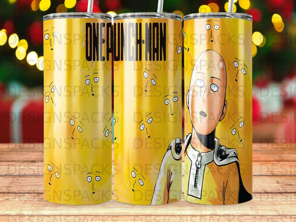 Saitama from One-Punch Man character design on a yellow tumbler.