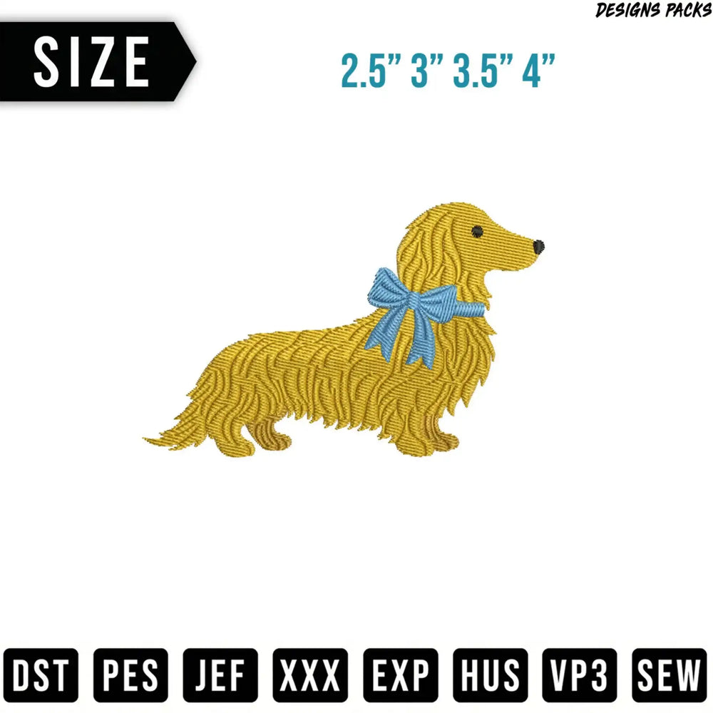 Embroidered dachshund with blue bow, available in sizes 2.5-4 inches.