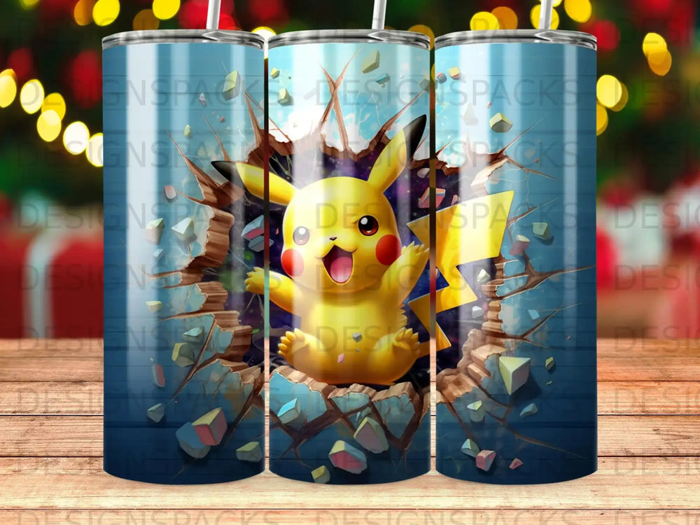 Pikachu bursting through a cracked blue surface, yellow lightning bolts.