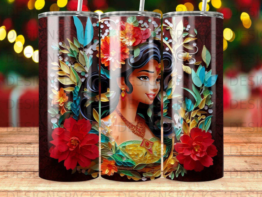 Woman with flowers in hair on a dark patterned tumbler.