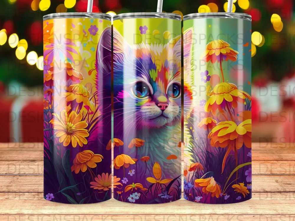 Colorful cat portrait with floral background on three tumblers.