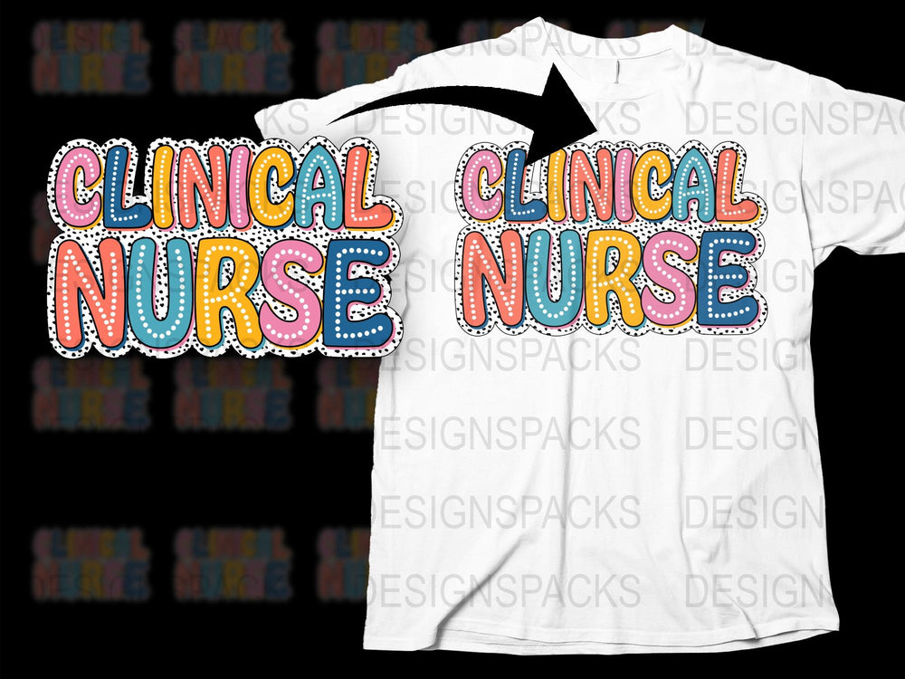Colorful Clinical Nurse T-Shirt, Fun Dotted Lettering Nursing Tee, Healthcare Worker Gift, Stylish Nurse Apparel, Trendy Medical Clothing
