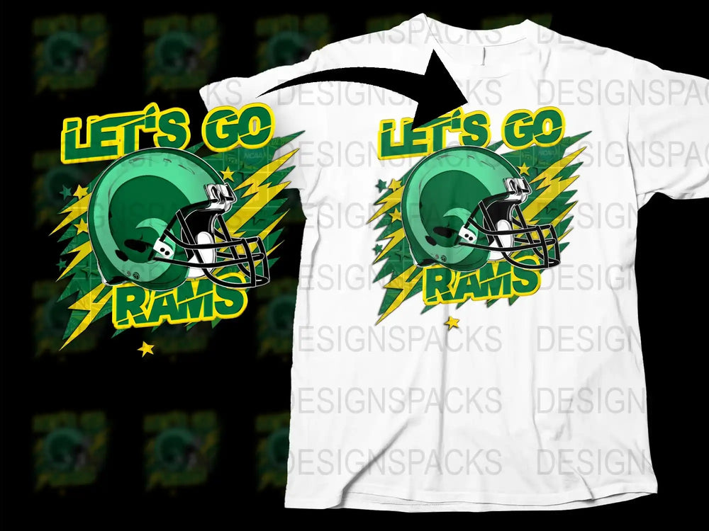Let's Go Rams Graphic T-Shirt, Sports Fan Football Helmet Tee, Green and Yellow Team Spirit Shirt