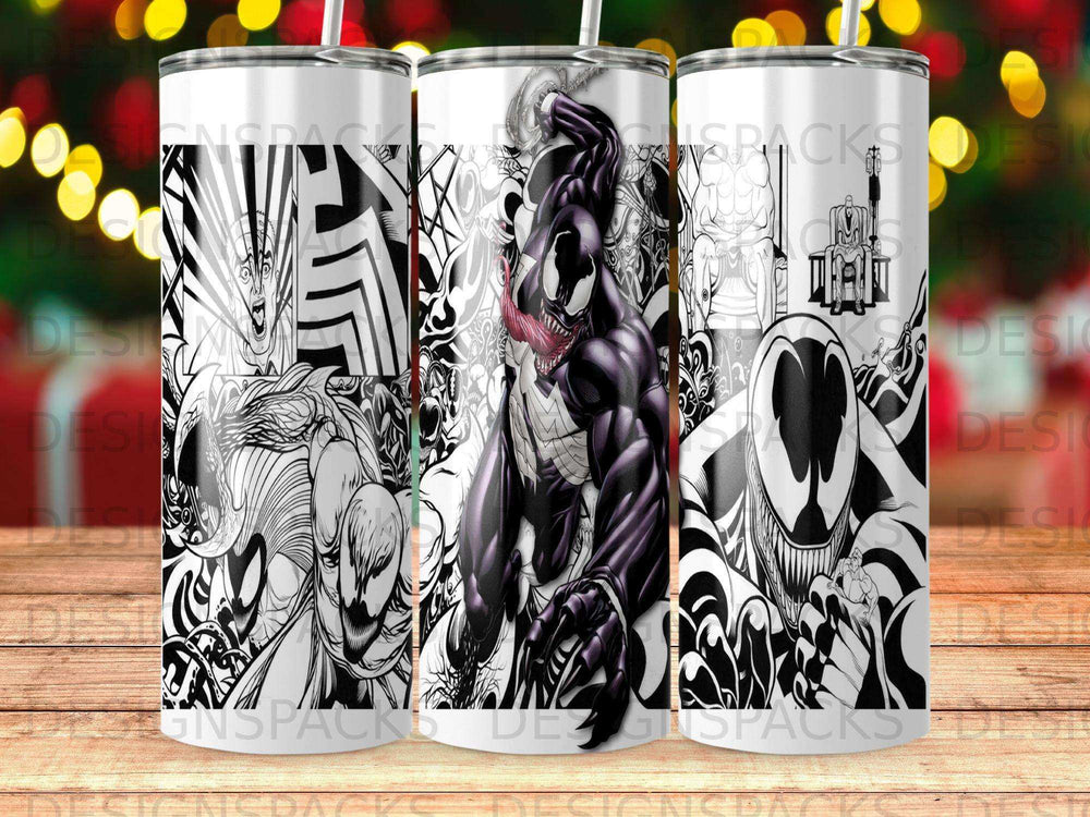Venom comic art with black and white designs on tumblers.