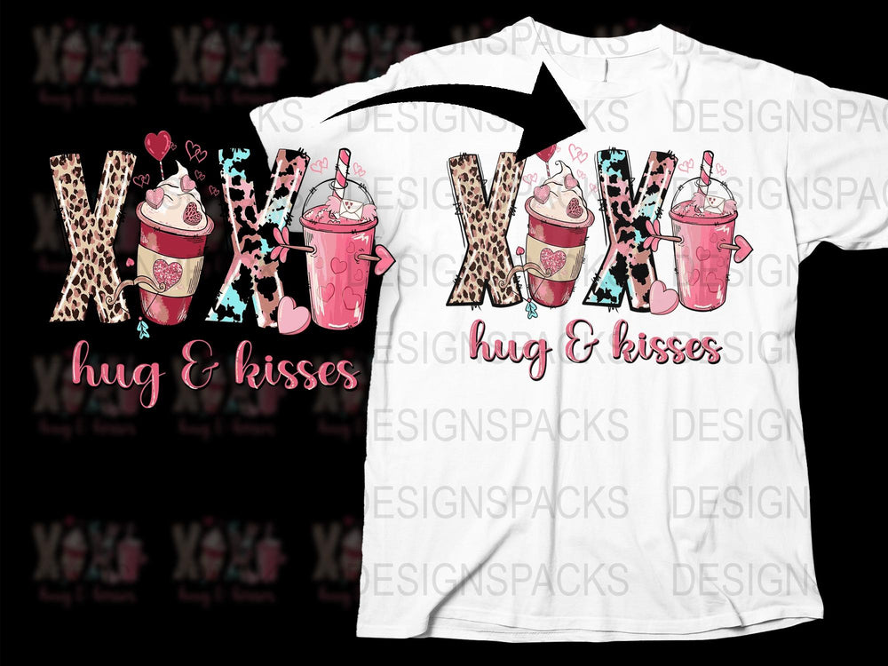Valentine's Day T-Shirt, Leopard Print Love, Hugs and Kisses Graphic Tee, Pink Drink Design