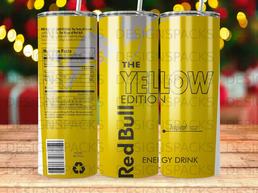 Yellow Edition Tropical Red Bull energy drink can with nutrition facts.