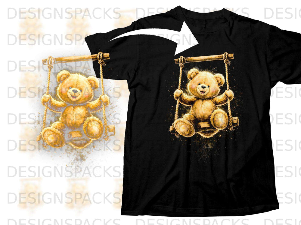 Black t-shirt with a watercolor teddy bear swinging on a wooden swing.