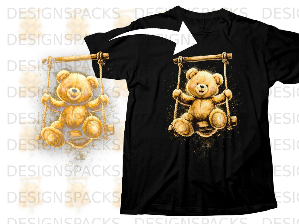 Black t-shirt with a watercolor teddy bear swinging on a wooden swing.