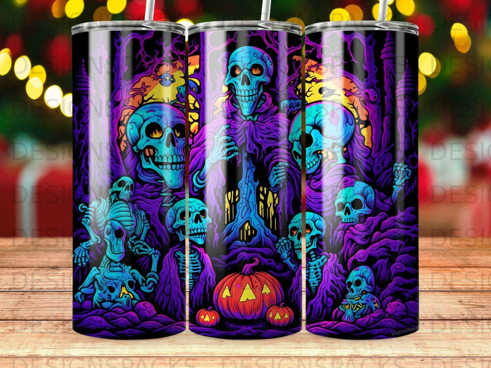 Spooky Halloween scene with skulls, skeletons, pumpkins, and haunted trees.