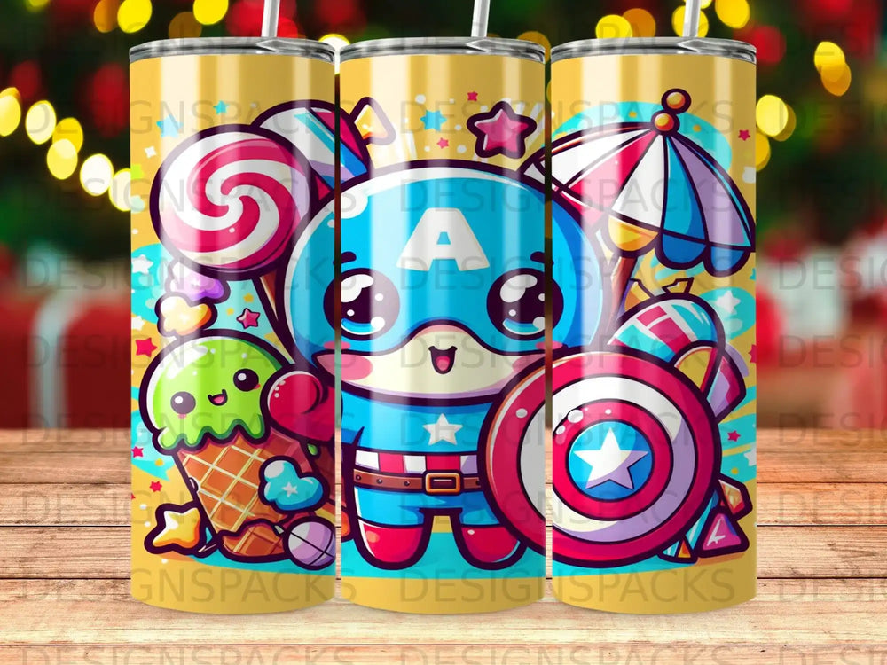 Cartoon Captain America character with shield, ice cream, and candy.