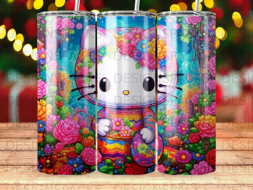 Hello Kitty surrounded by colorful flowers and abstract patterns.