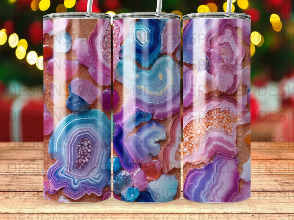 Tumbler with colorful agate and glitter pattern.