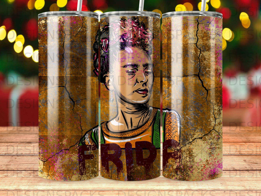 Cup with Frida Kahlo portrait and "FRIDA" text.