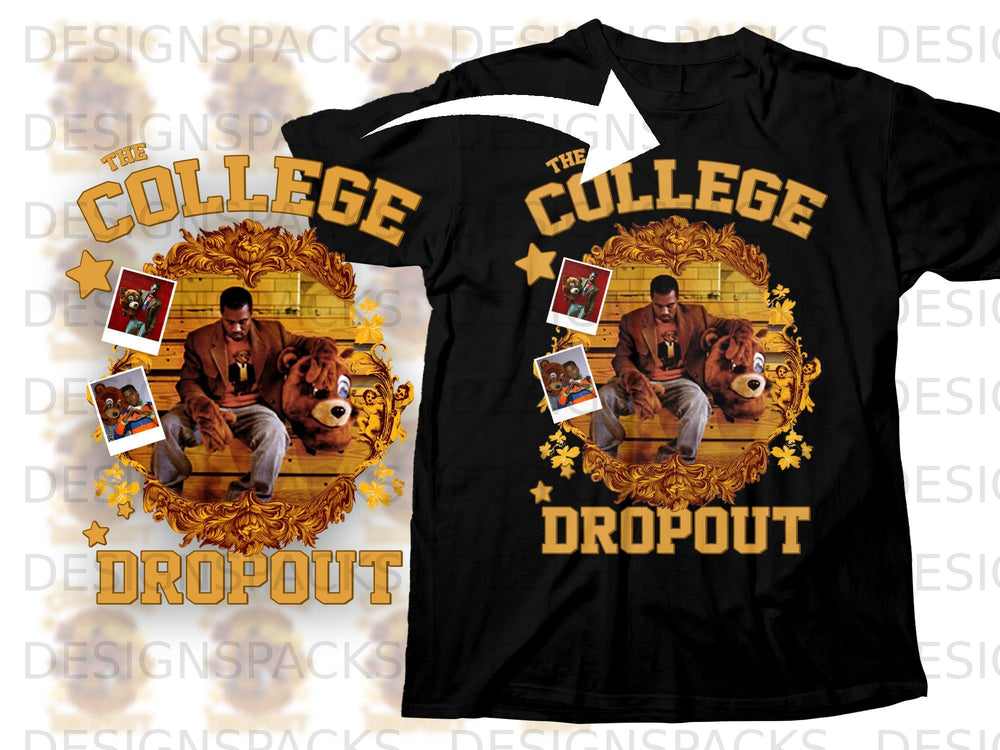 Black t-shirt with "The College Dropout" album art featuring Kanye West and a teddy bear.