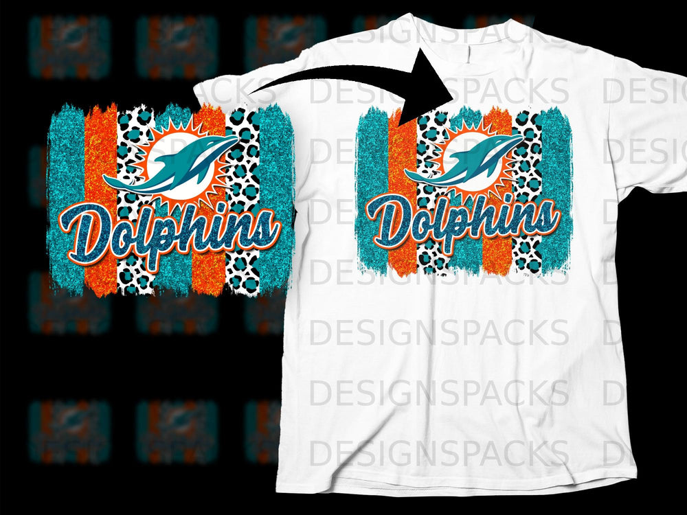 Miami Dolphins logo with leopard print and glitter stripes, text "Dolphins".