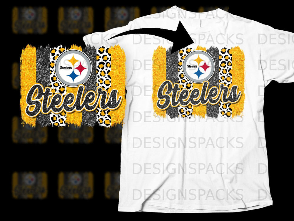 Pittsburgh Steelers logo and "Steelers" text with leopard print and glitter accents.