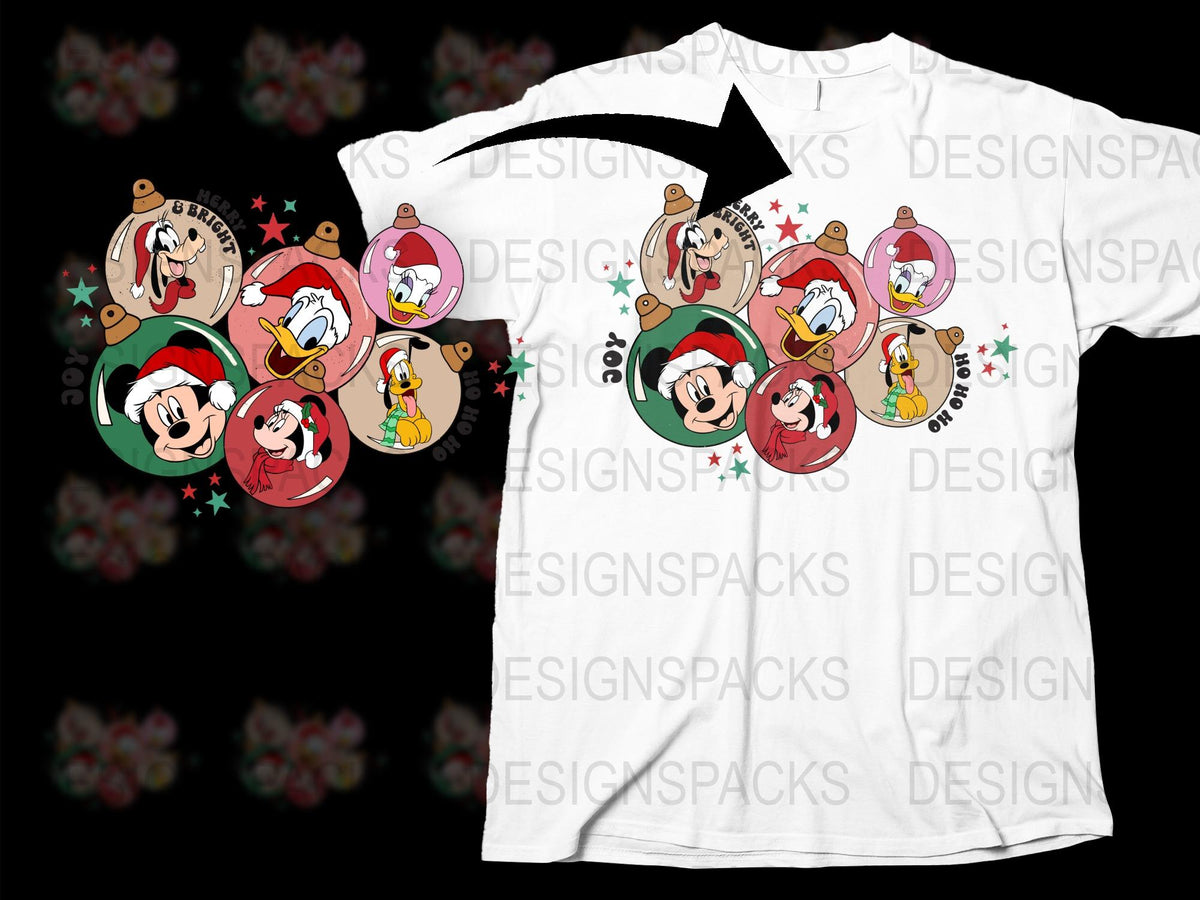 Christmas T-Shirt with Cartoon Characters, Festive Holiday Apparel, Family Matching Tees, Cute Santa and Reindeer Design