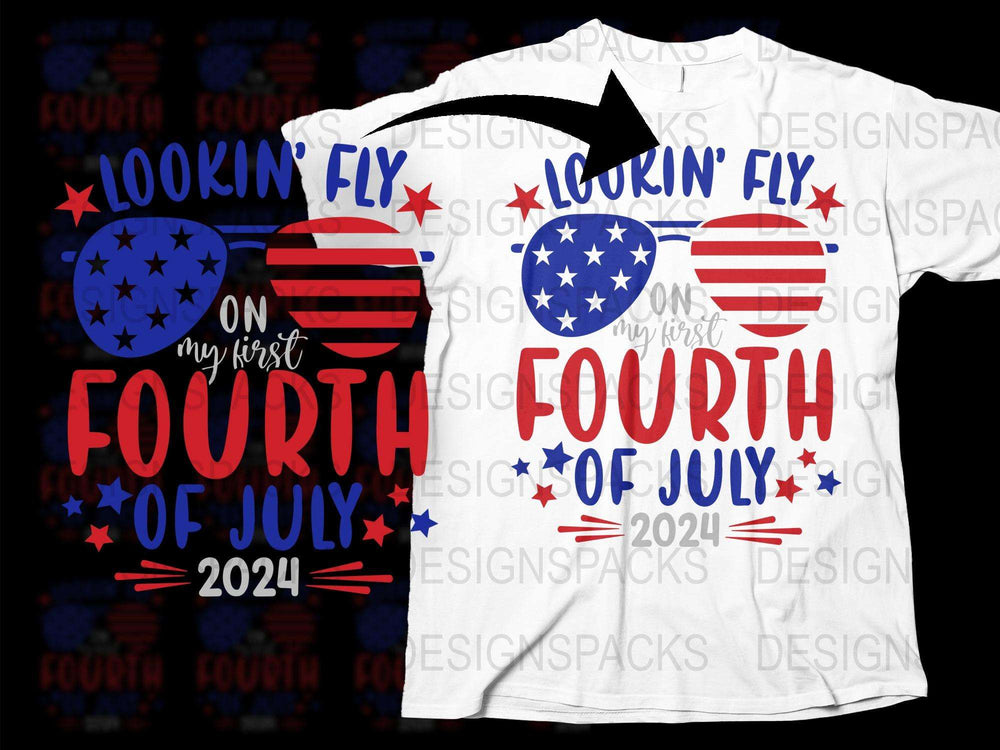 Lookin' Fly on My First Fourth of July 2024 Baby T-Shirt, Patriotic Newborn Outfit, USA Flag Design, Infant Independence Day Apparel
