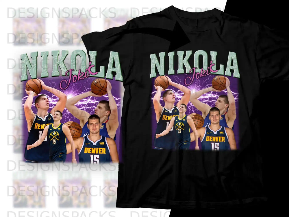Nikola Jokic on Denver Nuggets shirt, holding basketball, purple lightning background.