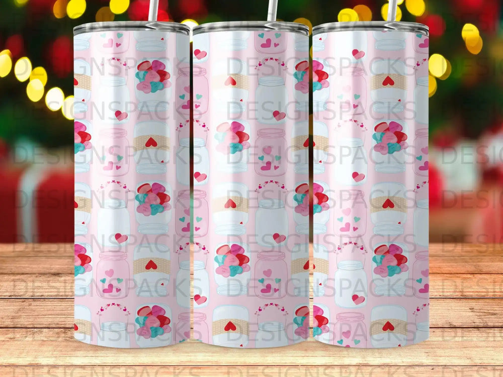 Pink tumbler with hearts and "Soul Mate" text.